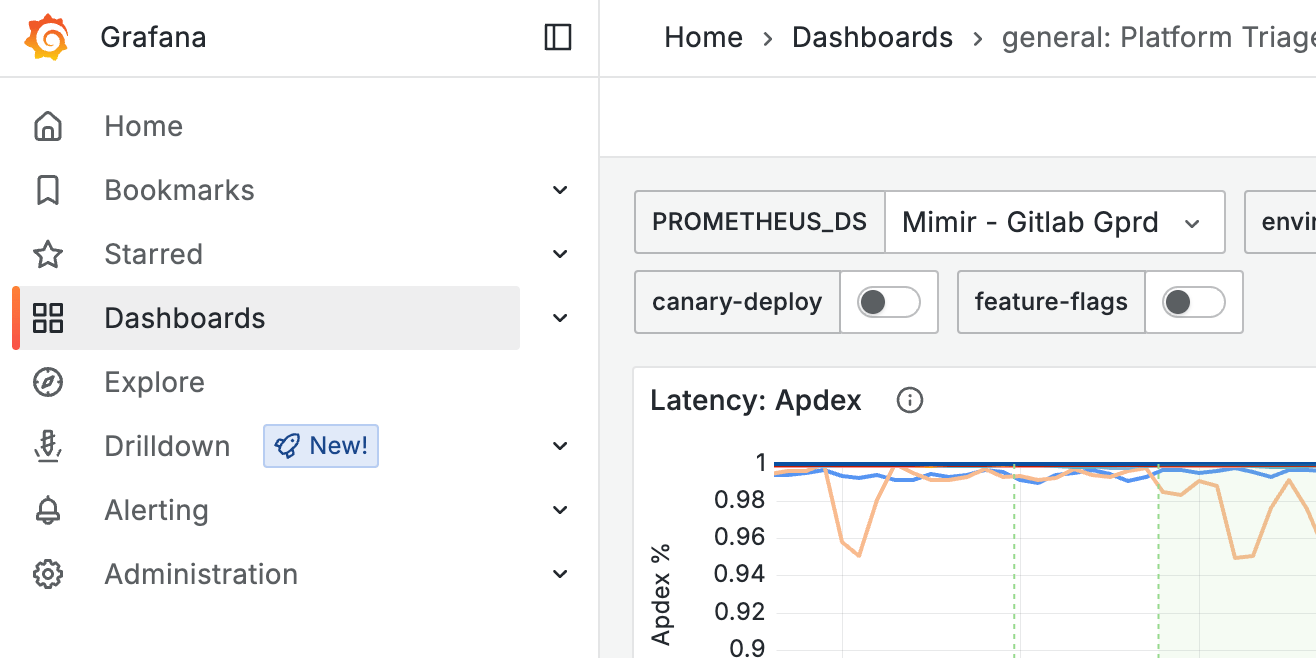 Grafana homepage with navigation options and the Explore feature.